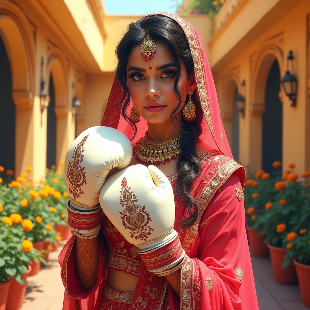 Indian Bride in Boxing Gloves, Vibrant Courtyard Digital Pai...