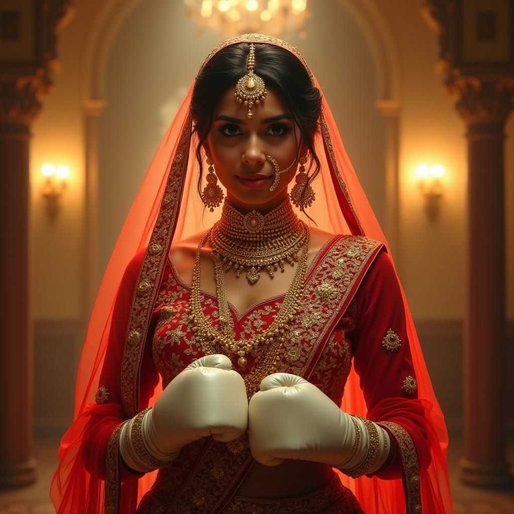 Indian Bride with Boxing Gloves in Golden Light
