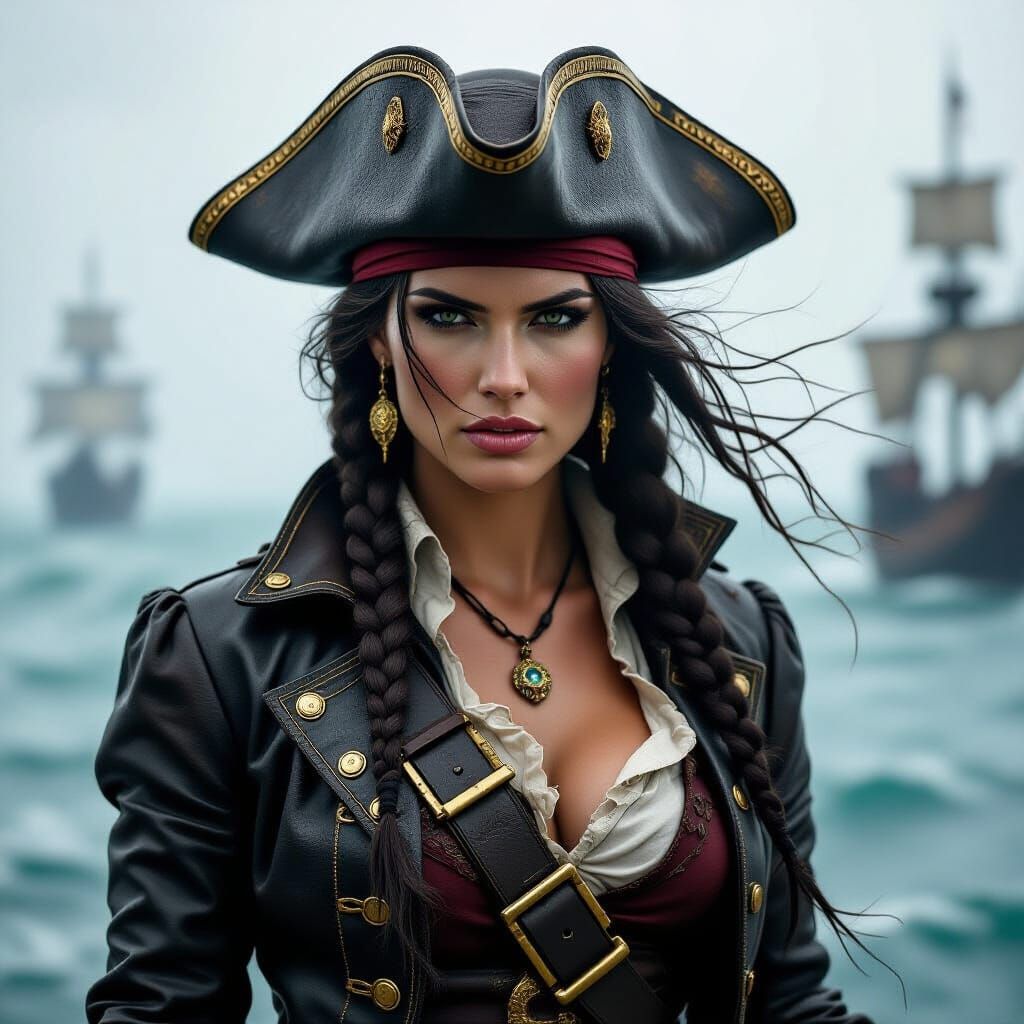 Sepia Pirate Captain Against Stormy Sea