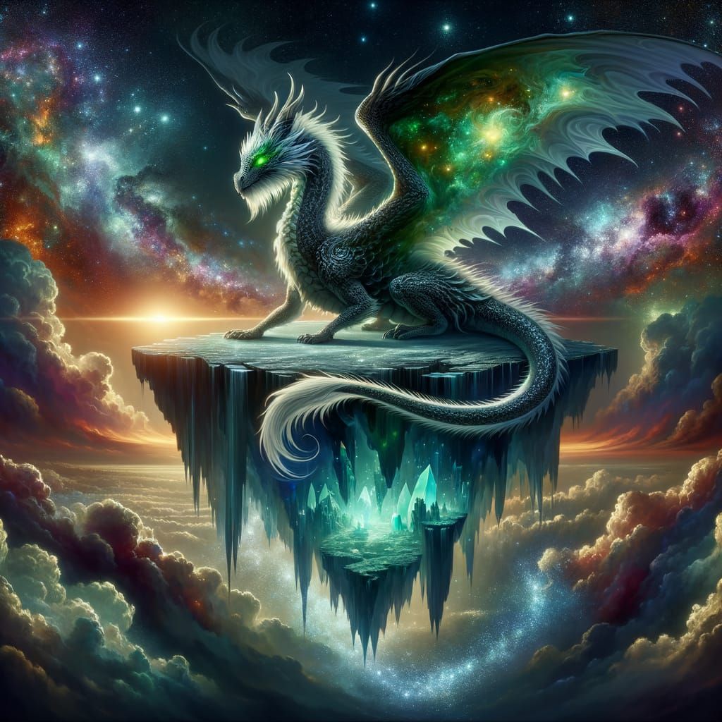 Ancient Dragon on Crystal Island in Cosmic Nebula