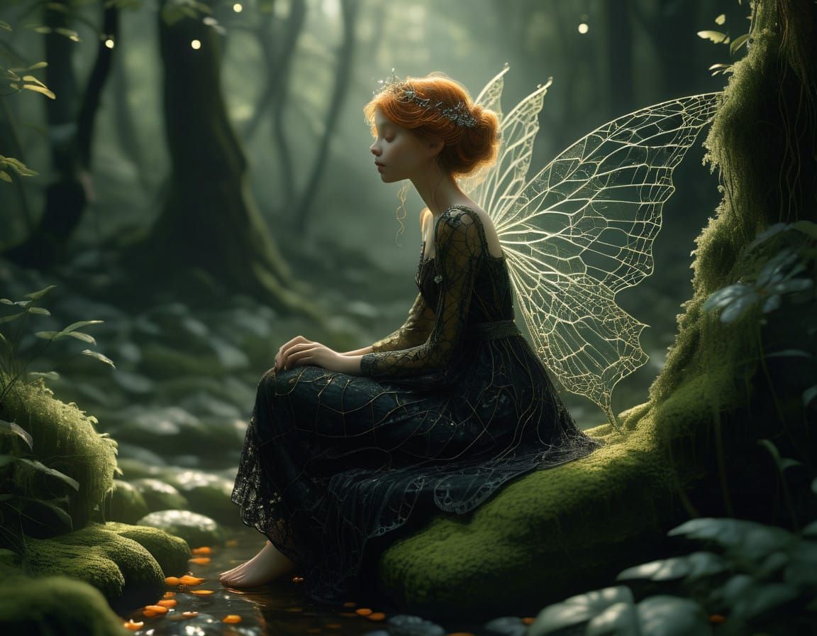 Ethereal Fairy Seated on Mossy Forest Rock
