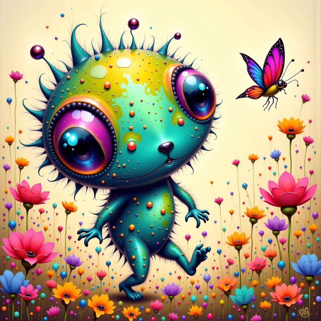 Playful Alien Chasing Butterfly in Floral Field