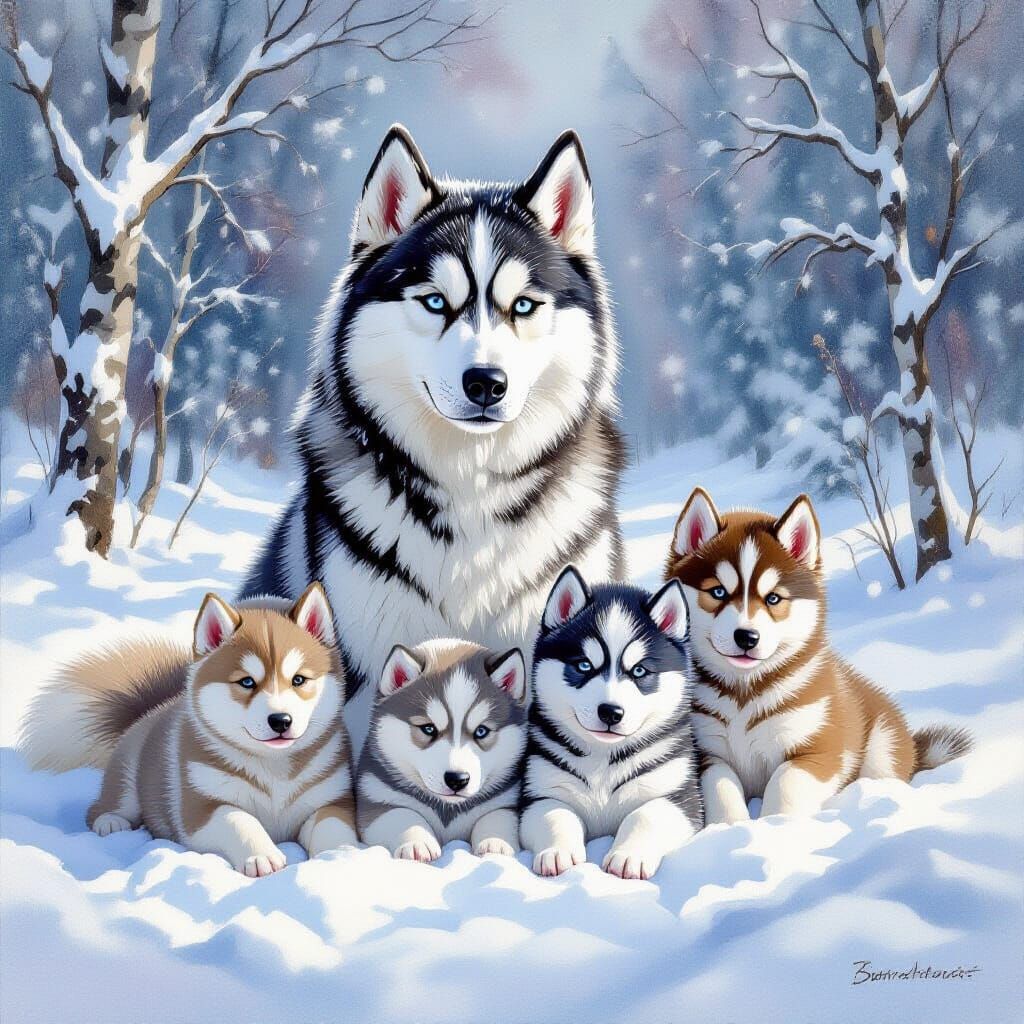 Siberian Husky and Puppies in Watercolor Painting