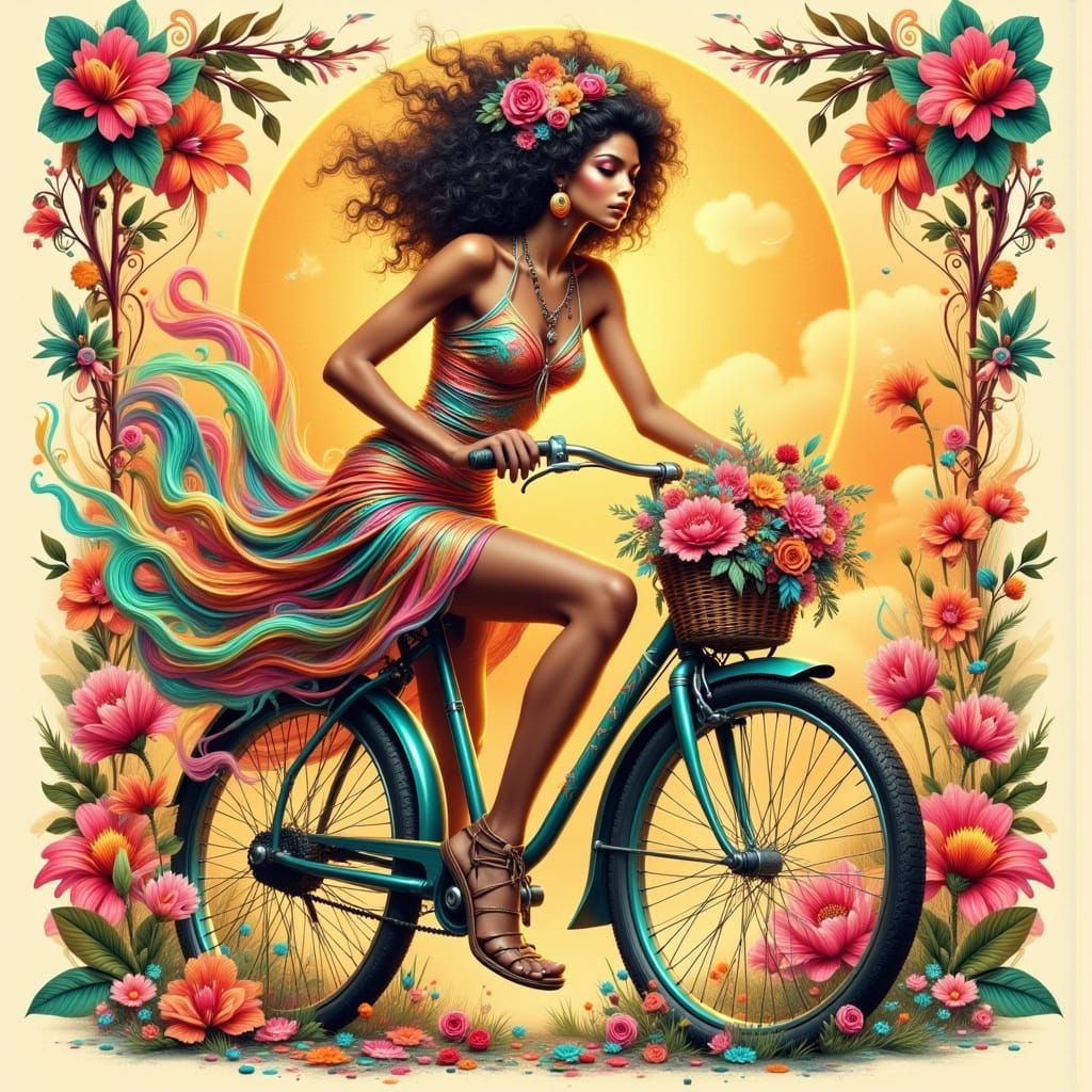 Woman on Bicycle with Swirls and Flowers