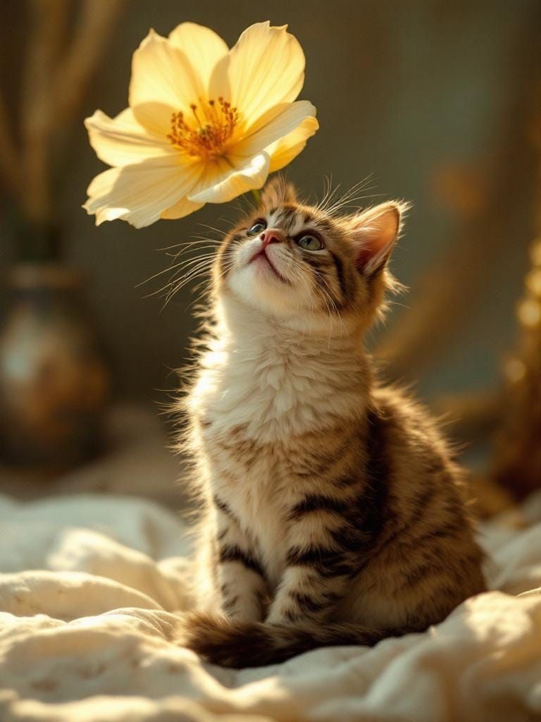 Cat Under Flower in Soft-Focus Classical Style
