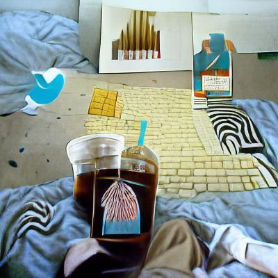 Hockney-esque Morning Scene with Coffee and Social Media