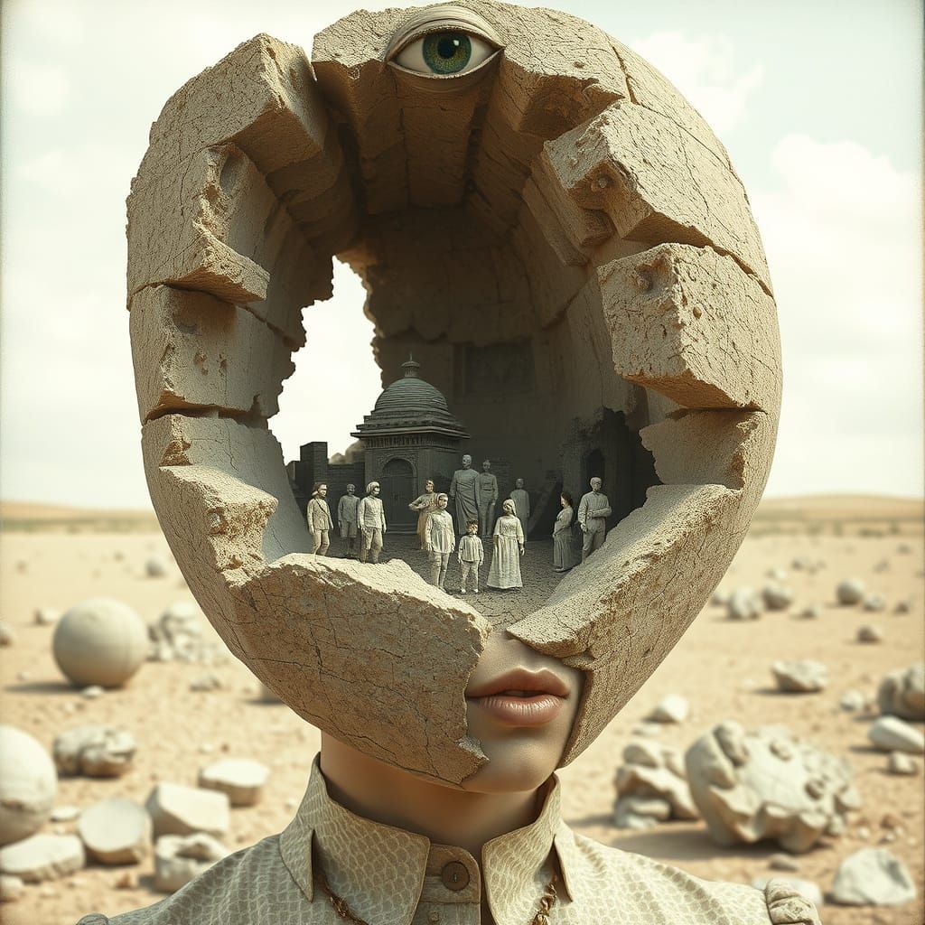 woman, crumbling stone ruins with tiny people living inside ...