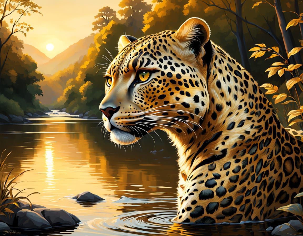 Regal Golden Leopard in Lush Gold Forest