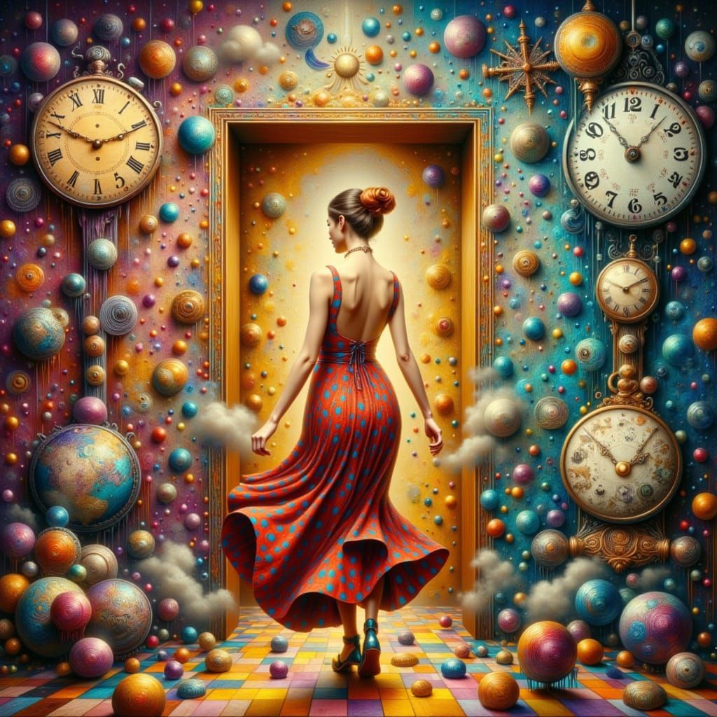 Surreal Polka Dot Woman in Dreamlike Landscape