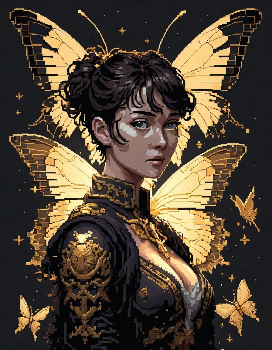 Girl Surrounded by Golden Butterflies in Pixel Art