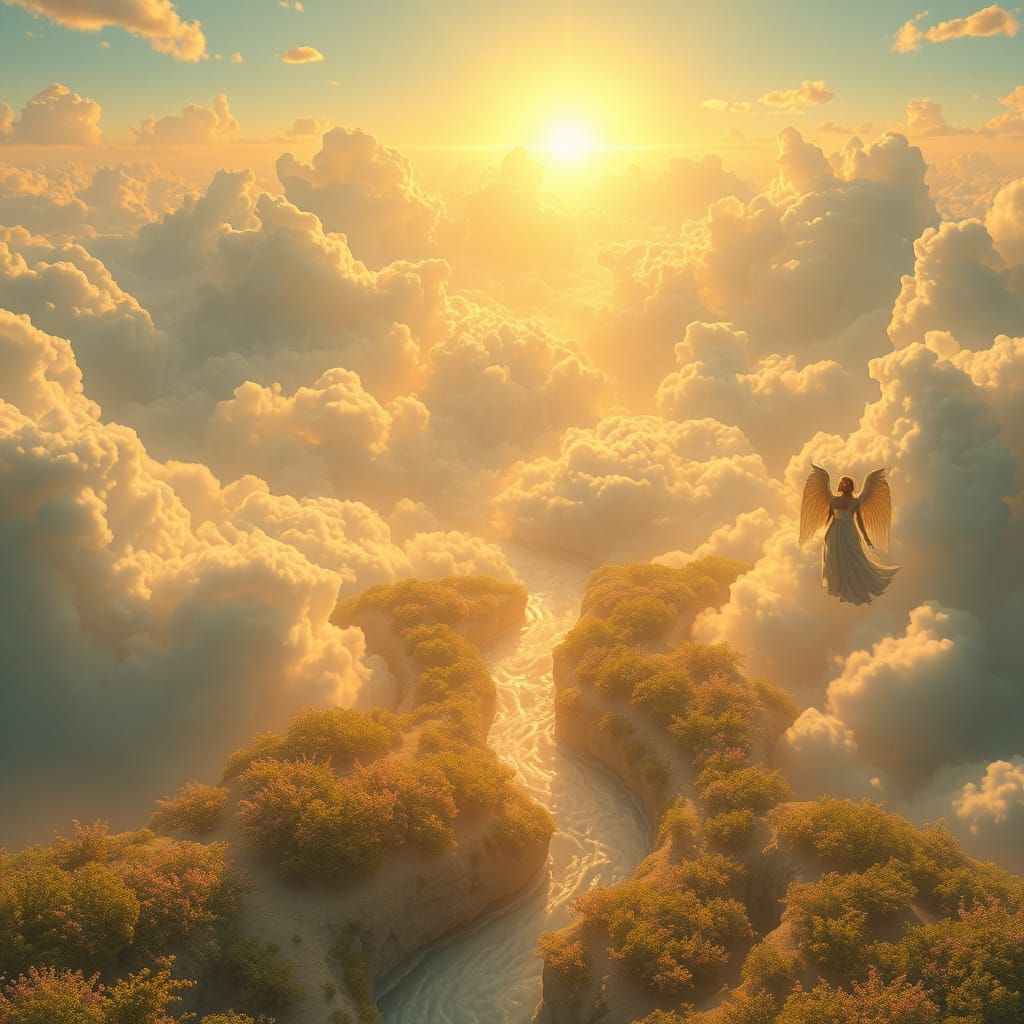 Radiant Celestial Realm with Angels and Crystal Gardens