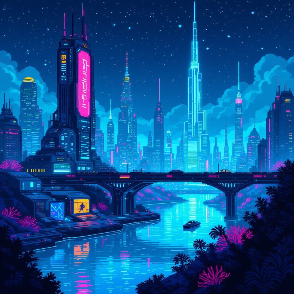 Cyberpunk Coral City With Bioluminescent Glow in Pixel Art S...
