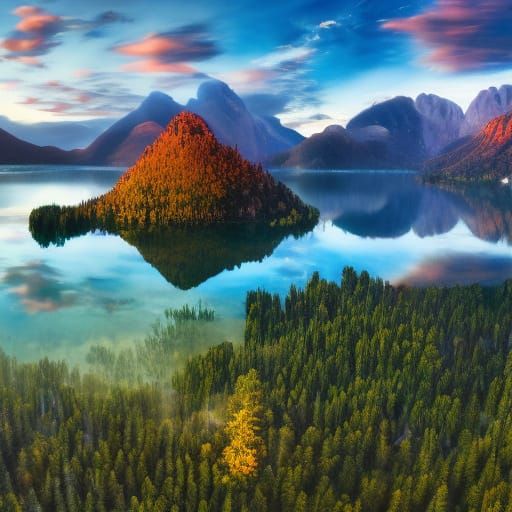 Floating Island in Lake: Vibrant Oil Painting Landscape