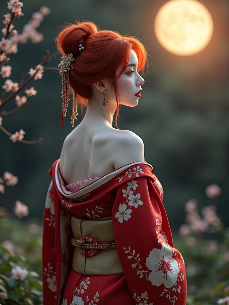 Geisha in Moonlight with Crimson Kimono