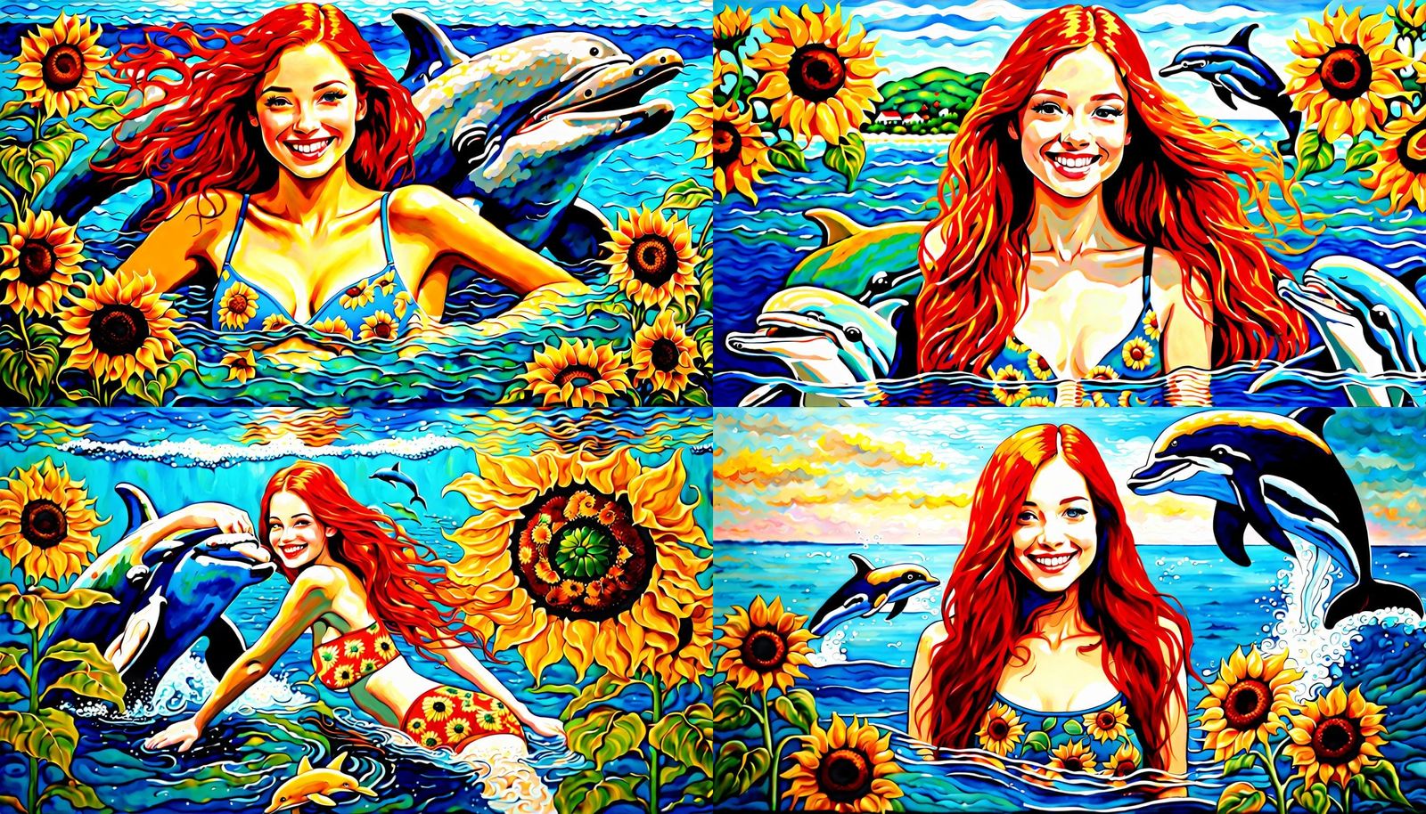 Redhead in Sunflower Bikini: Acrylic Embroidery Painting