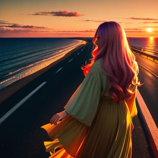 Woman on Coastal Highway at Sunset