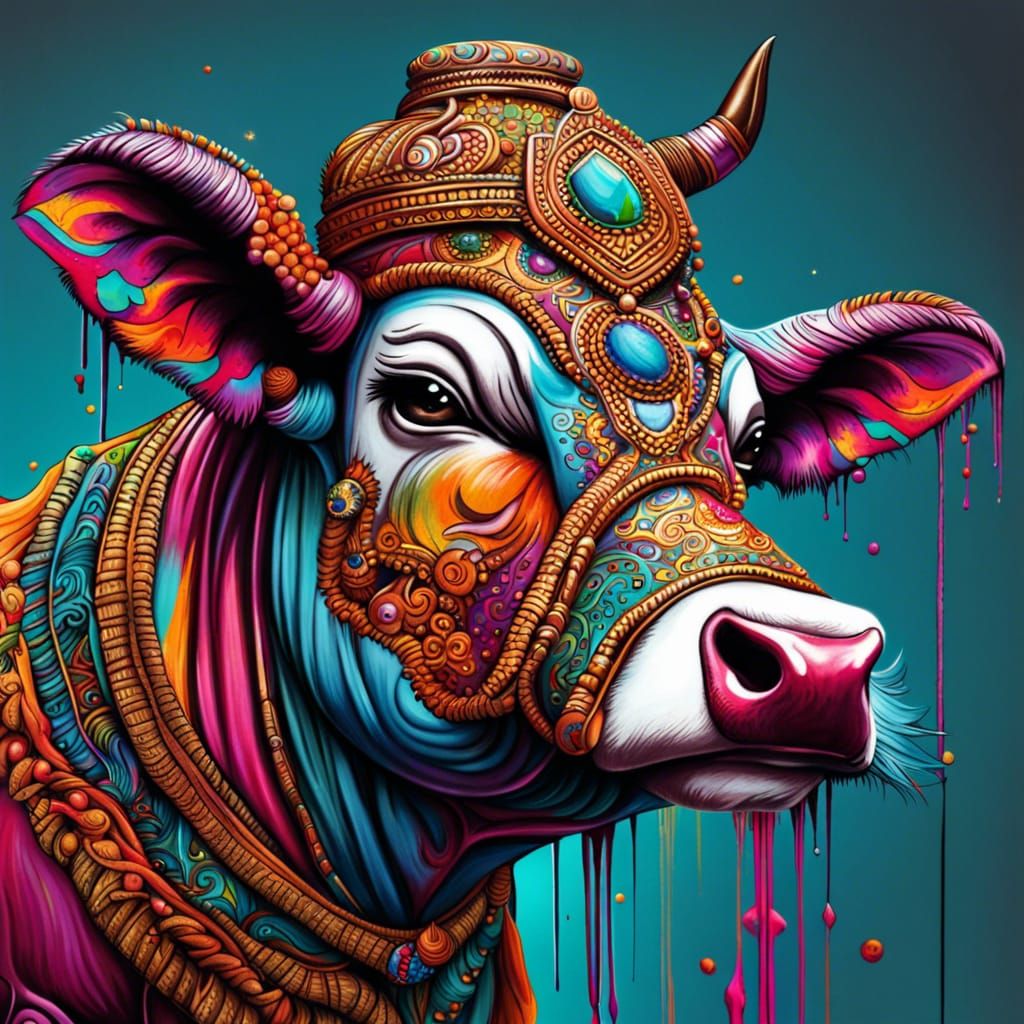 Intricate Hindu Cow with Staff in Graffiti Art