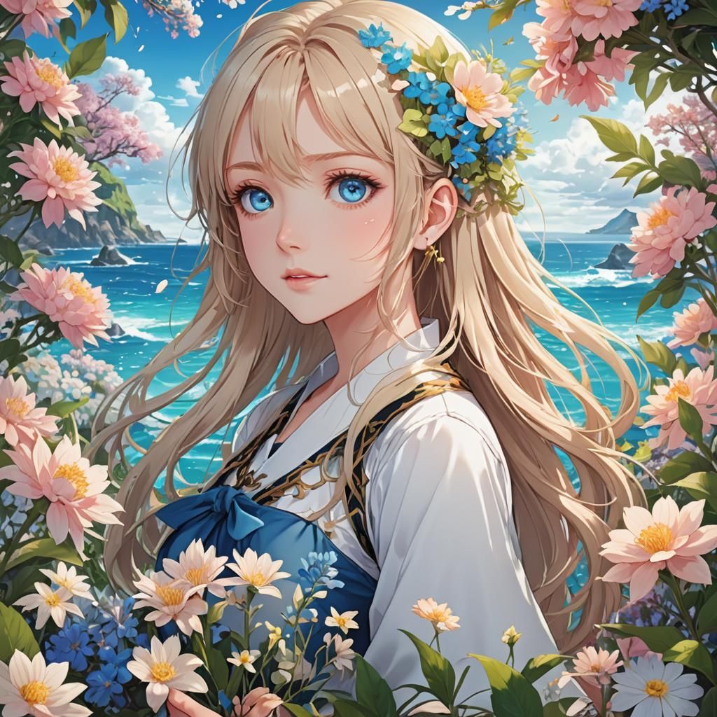 Anime Girl Surrounded by Magical Flowers