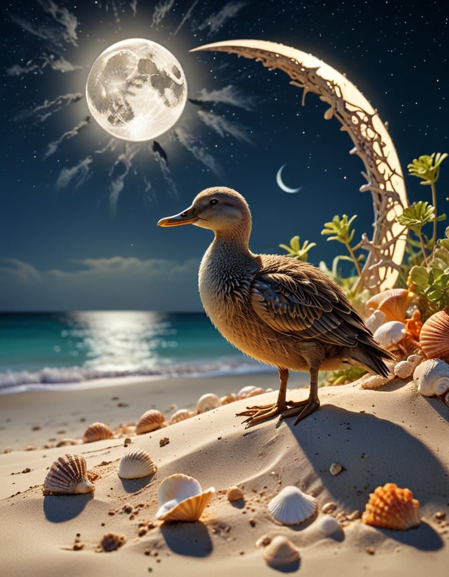 Moonlit Steampunk Kiwi on a Starry Beach
