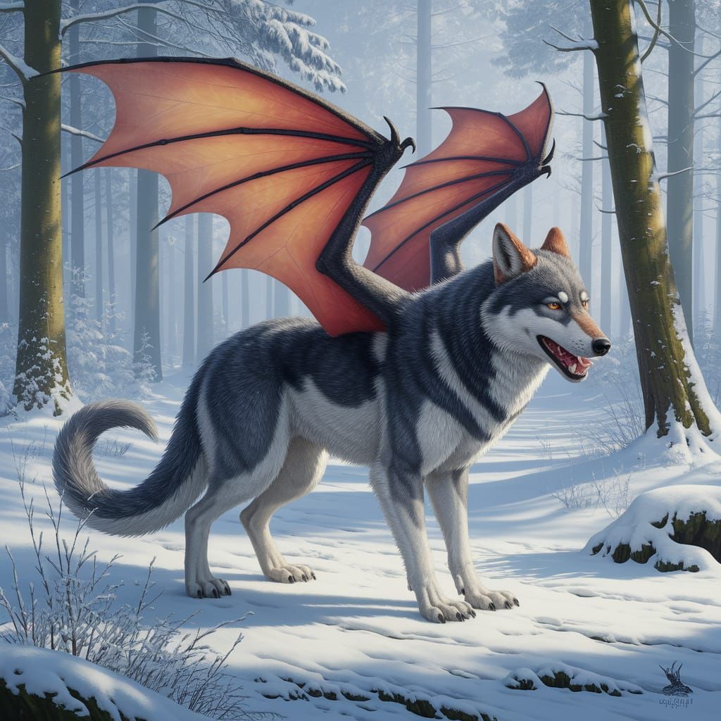 Realistic Gray Wolf Dragon Hybrid Stands in Snowy Forest Lan...
