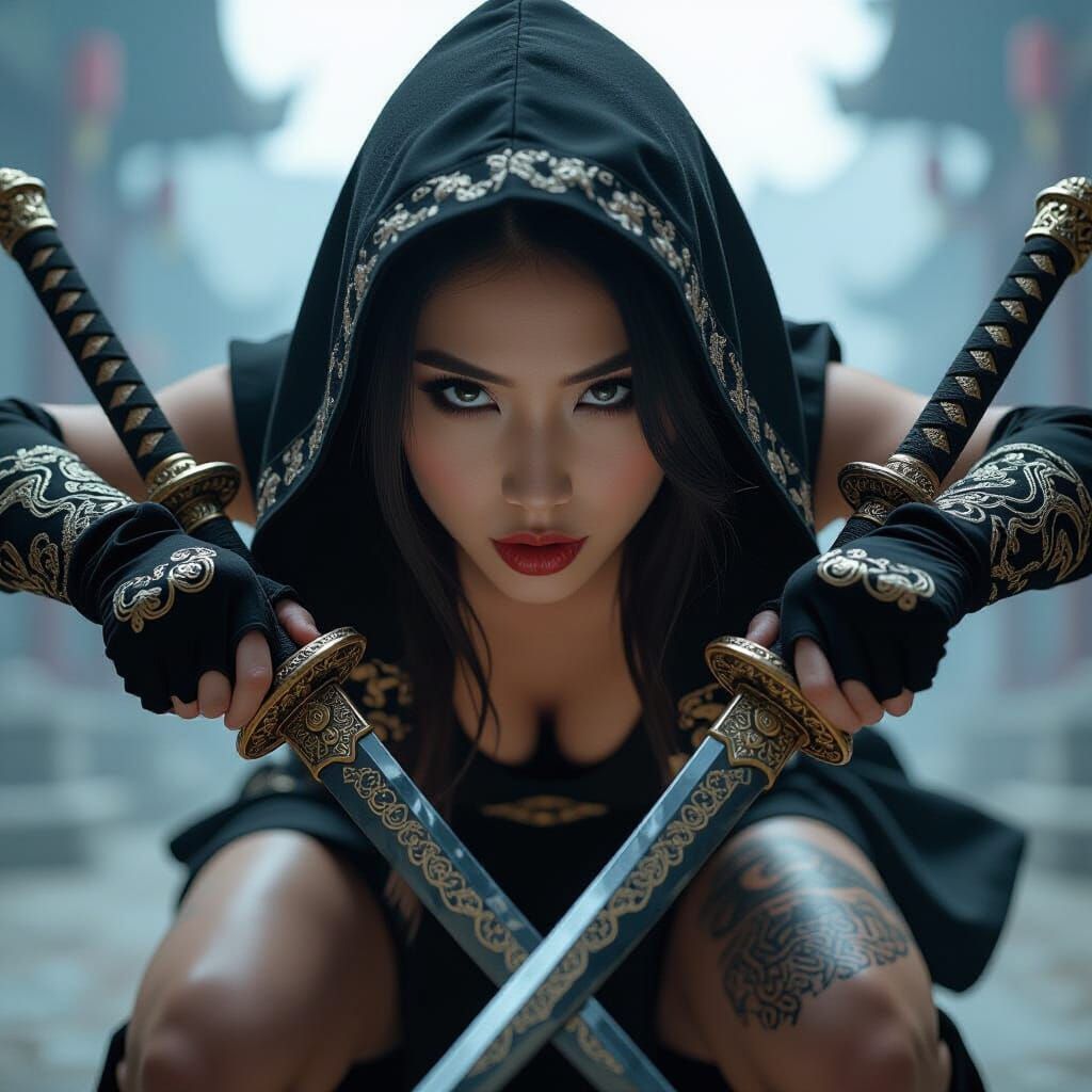 Fierce Warrior Woman in Shadowy Urban Setting