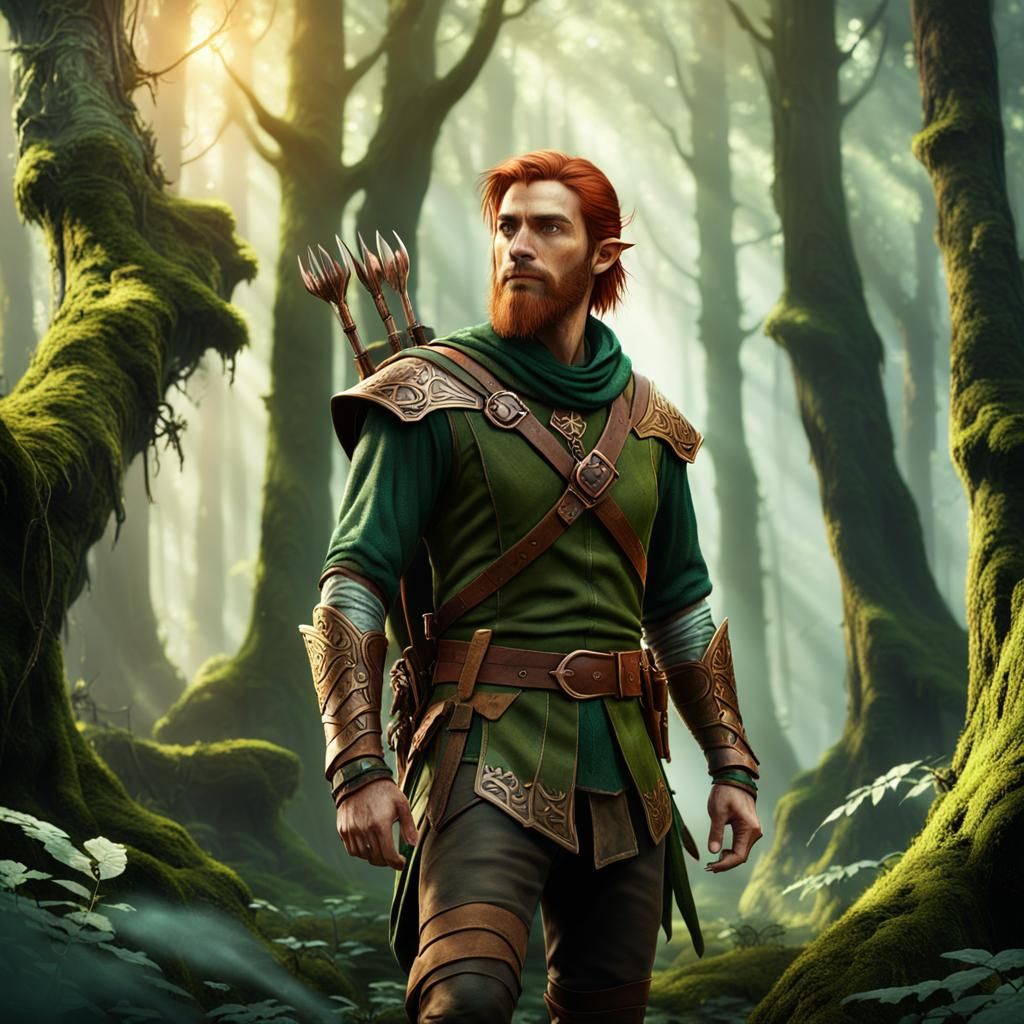 Wood Elf Ranger in Ancient Forest, Digital Painting