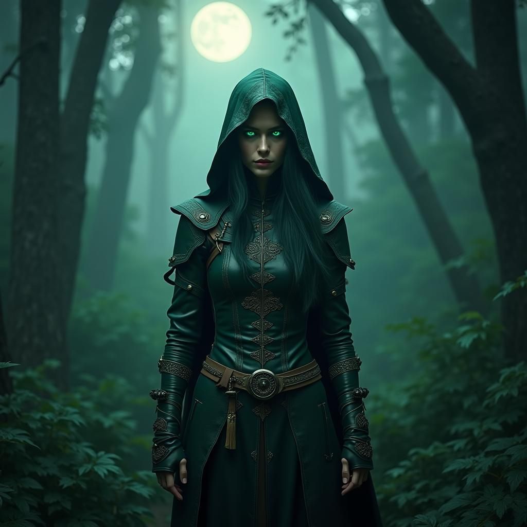Mystical Moonlit Forest: Female Rogue in Shadow
