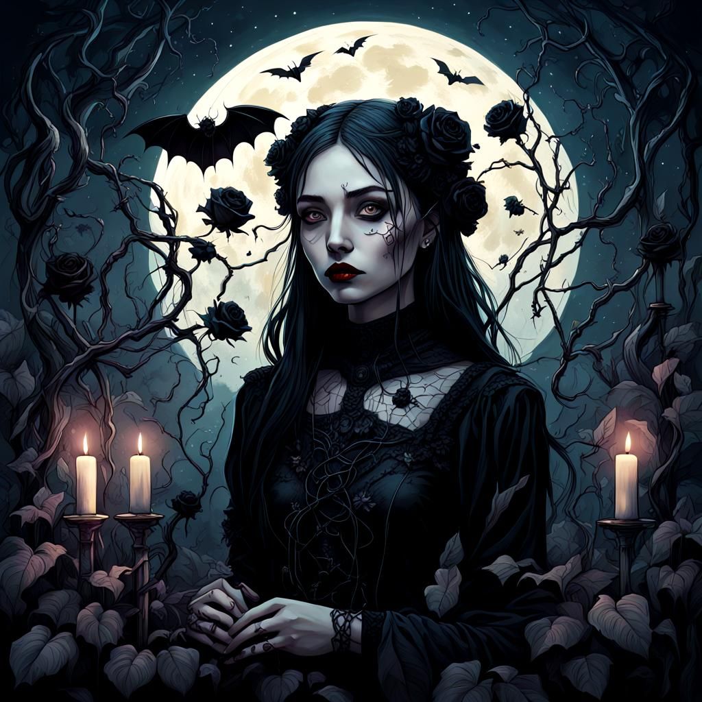 Eerie Gothic Cyberpunk Girl in Moonlight Field