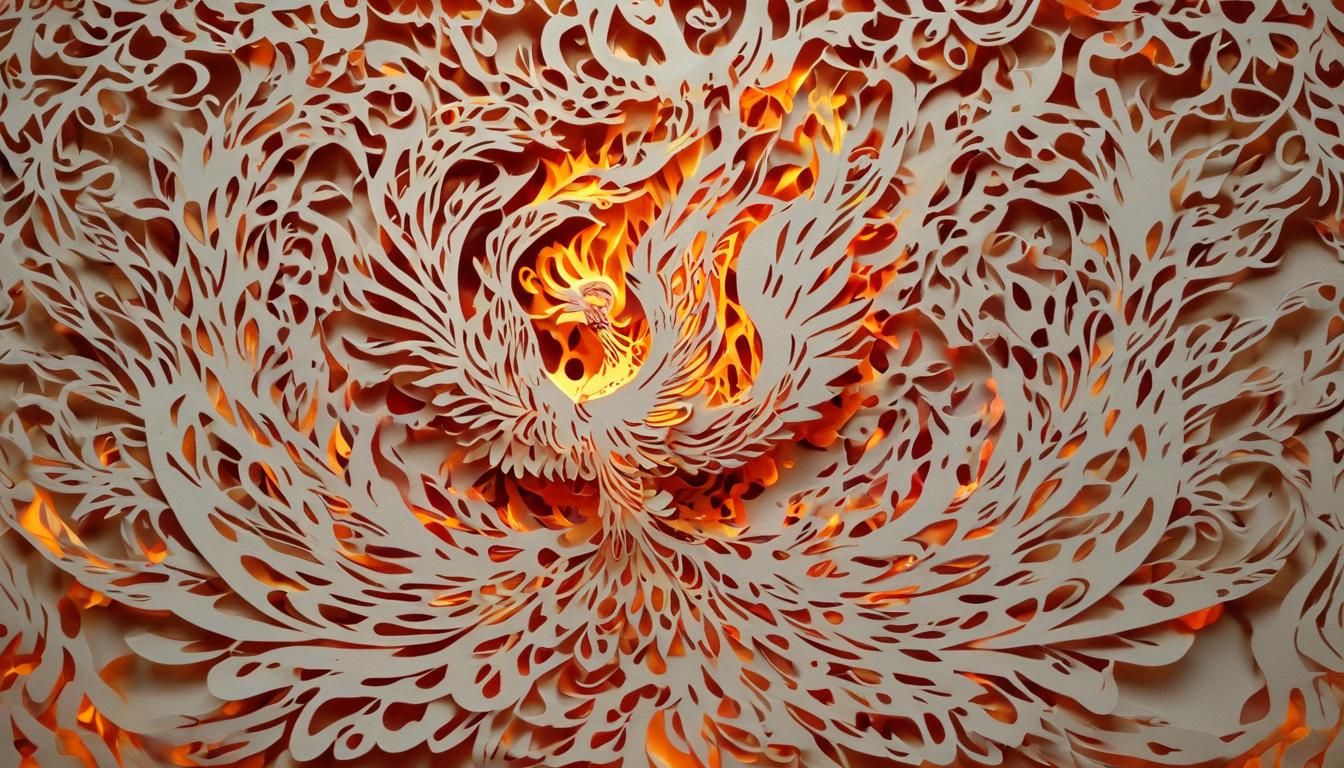 ((((Paper Is Burning on FIRE!))) Kirigami Art Intricate Cuts and Folds depicting Beautiful Fiery Phoenix Psychedelic Col...