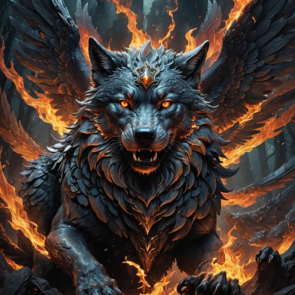 Fiery Wolf Angel in Cosmic Holographic Illustration