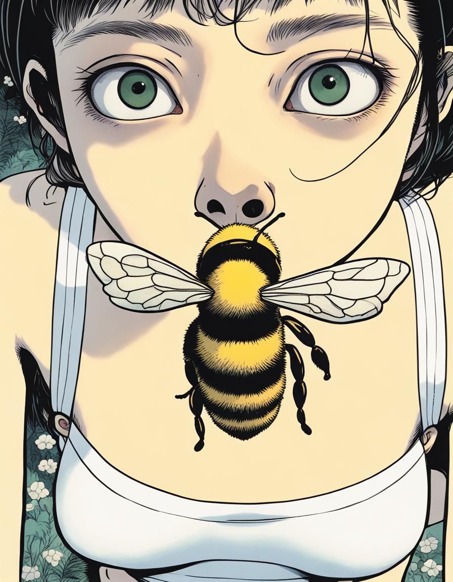 Anime Girl with Bee: Fisheye Lens Illustration