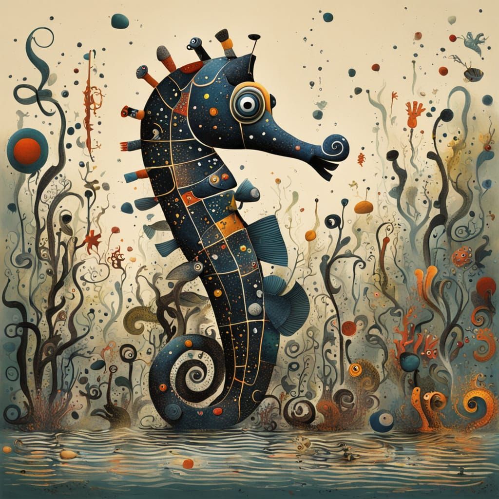 Underwater Seahorse Rally in Miró Style