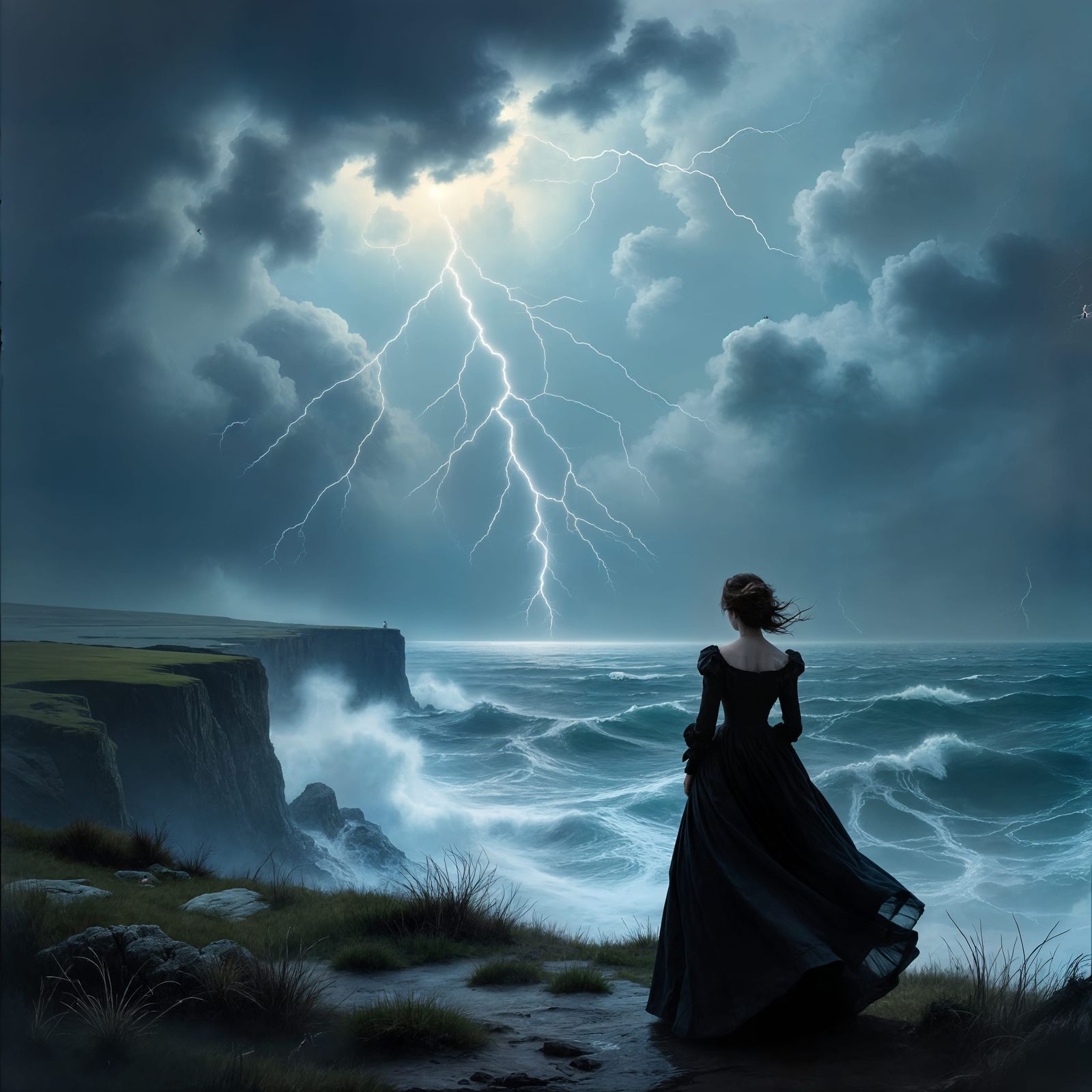 Woman on Cliff Overlooking Stormy Sea