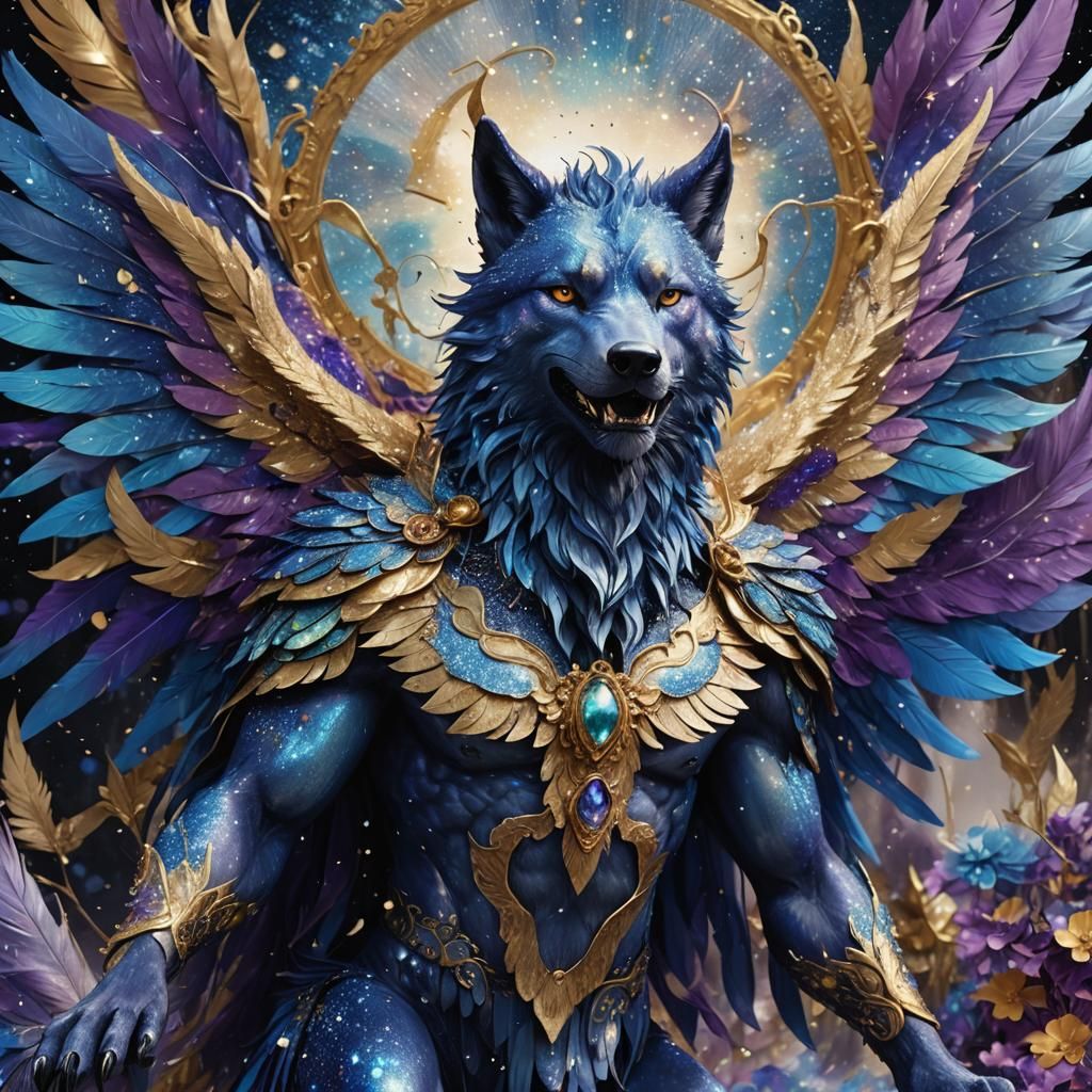 all vibrant blue rainbow sparkle wings on an anthropomorphic...