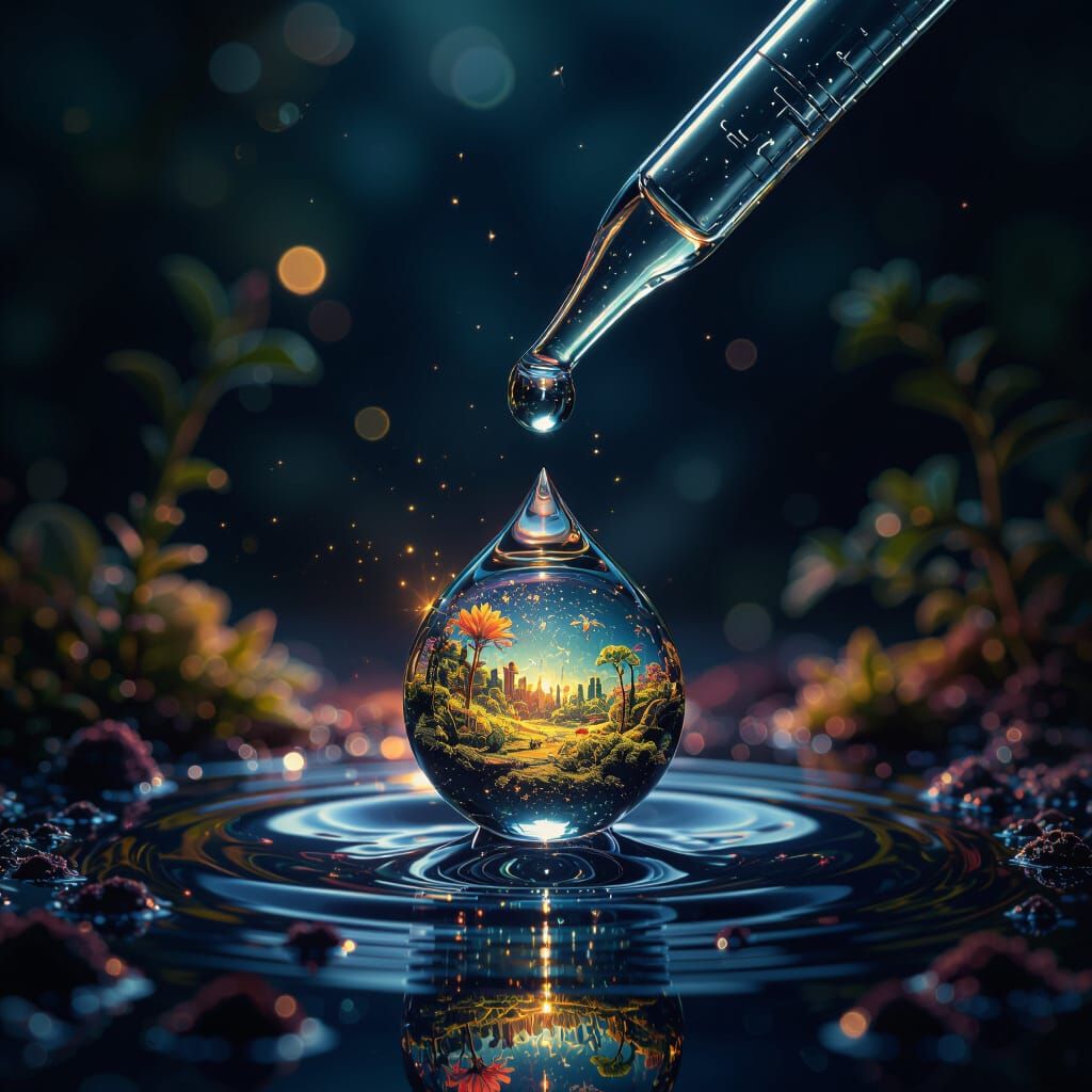 Microscopic World Inside Water Droplet on Pipette