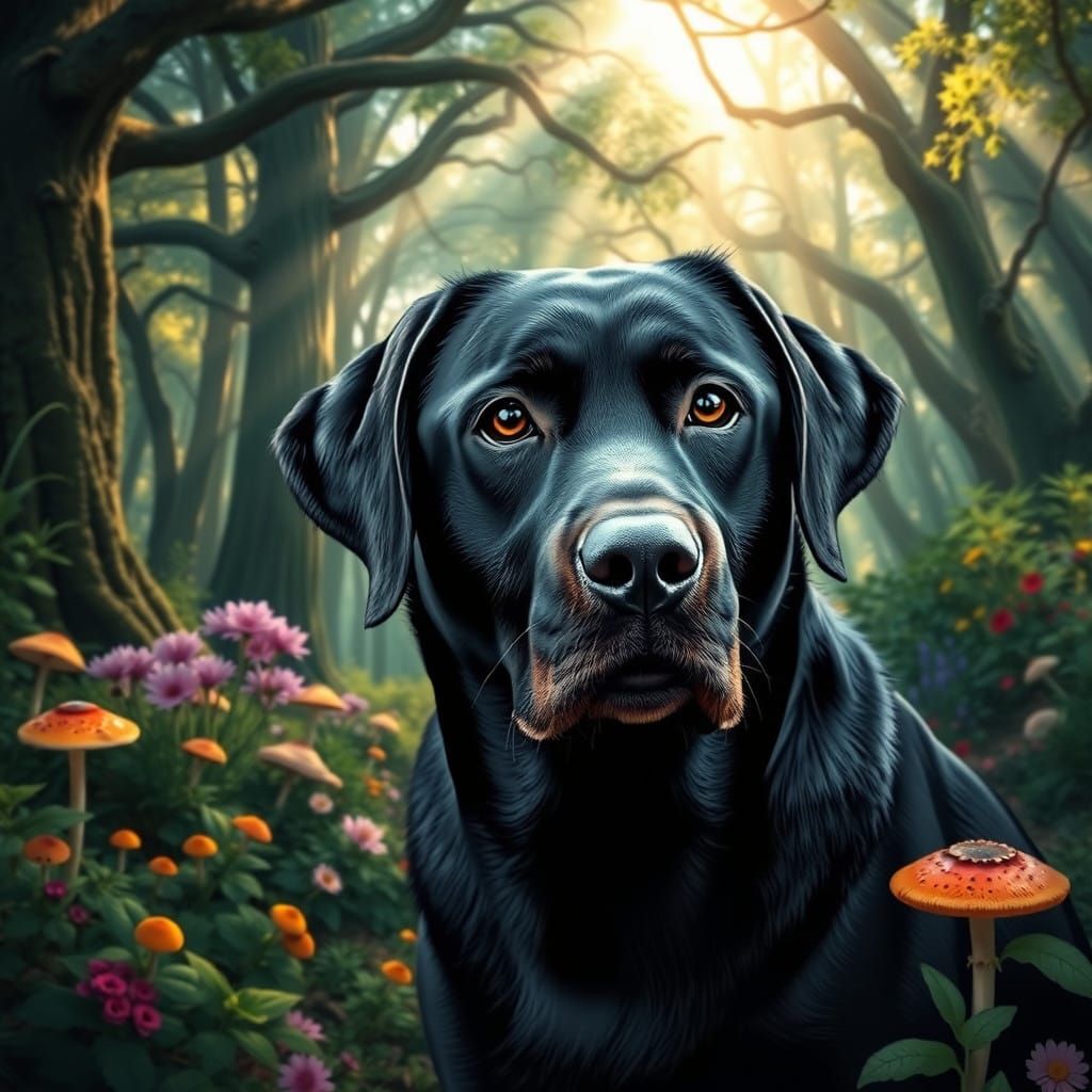 Majestic Black Labrador in Ancient Forest