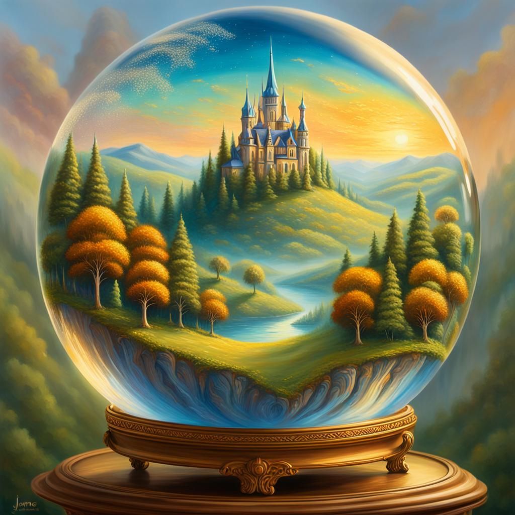 Miniature Fantasy World in Glass Ball Oil Painting