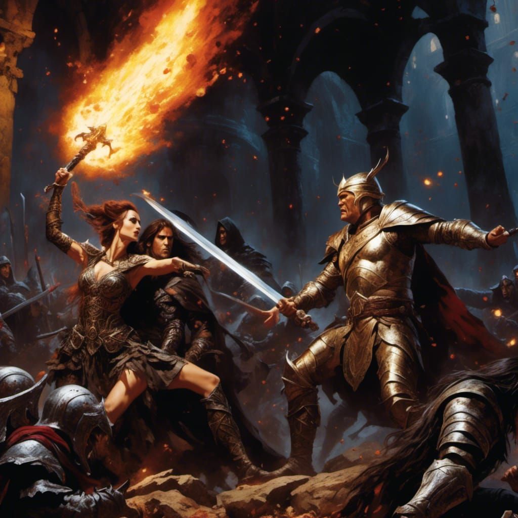 Epic Battle: Sorceress vs Armored King in Dark Fantasy Style