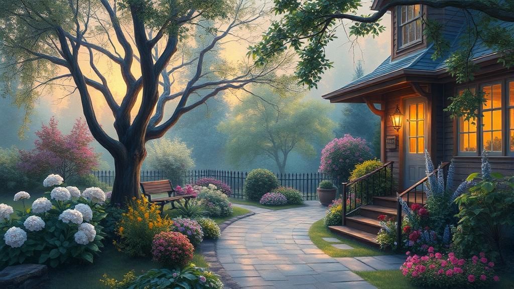 Synthwave Garden Oil Painting in Kinkade Style