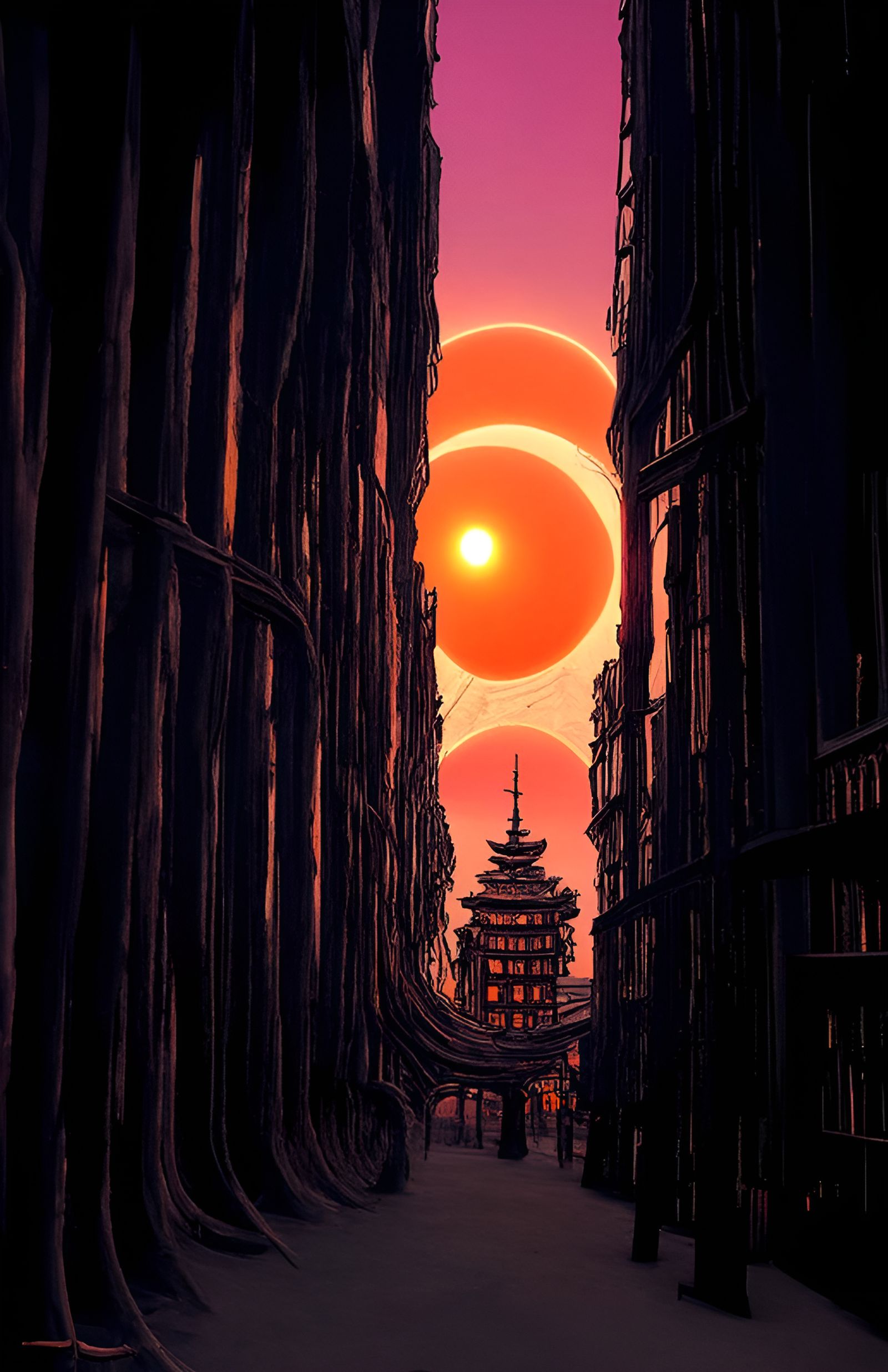 Surreal Sun Over City: Sci-Fi Fantasy Illustration