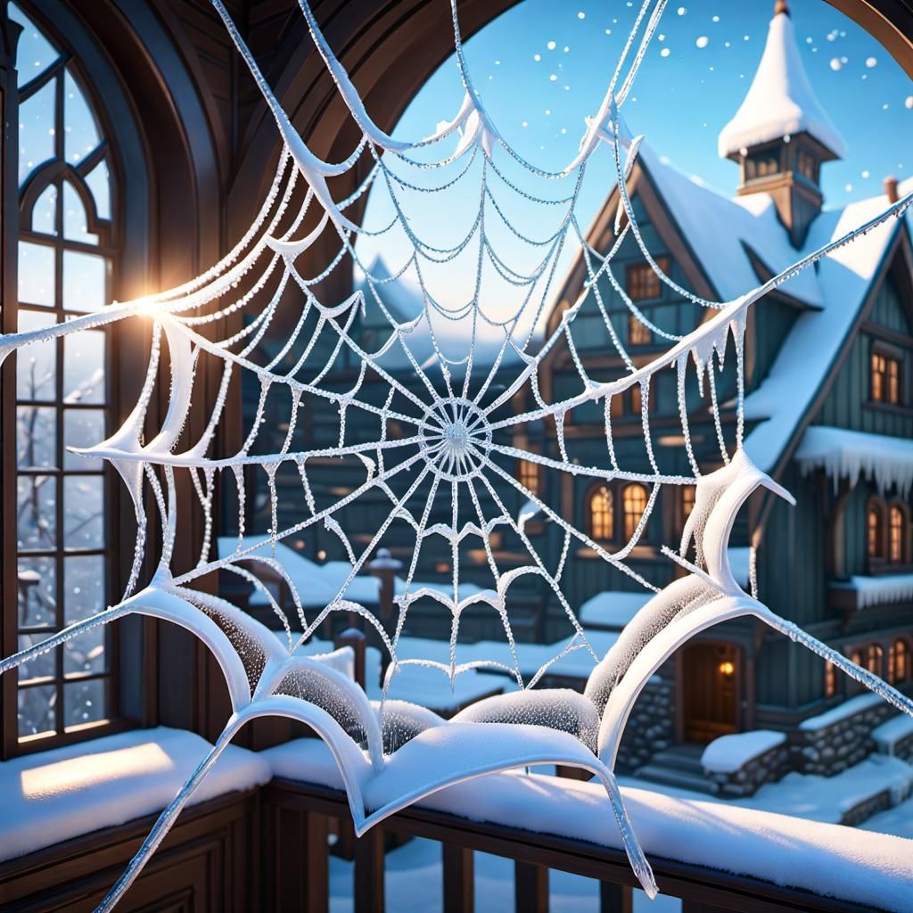 Icy Spider Web: Hyperdetailed Winter Window Art