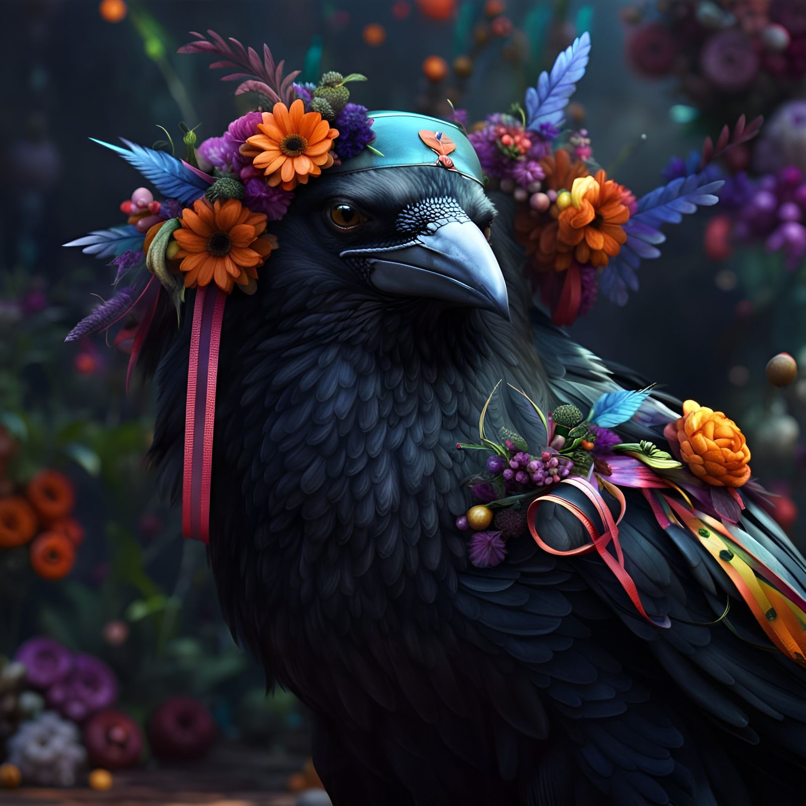 Raven with Flower Crown: Fantasy Concept Art