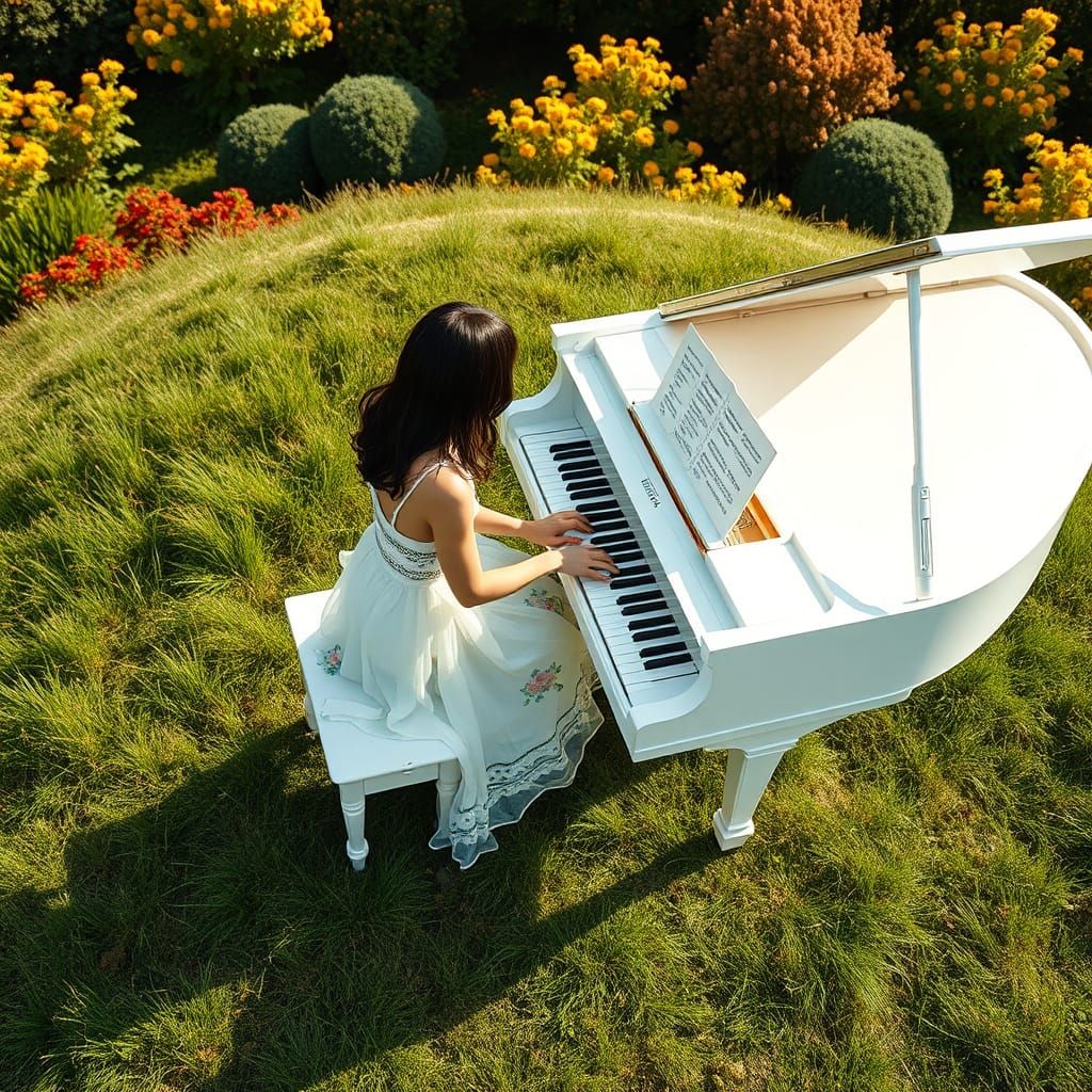 Young Woman Plays Piano on a Lush Green Hillside in Hyperrea...