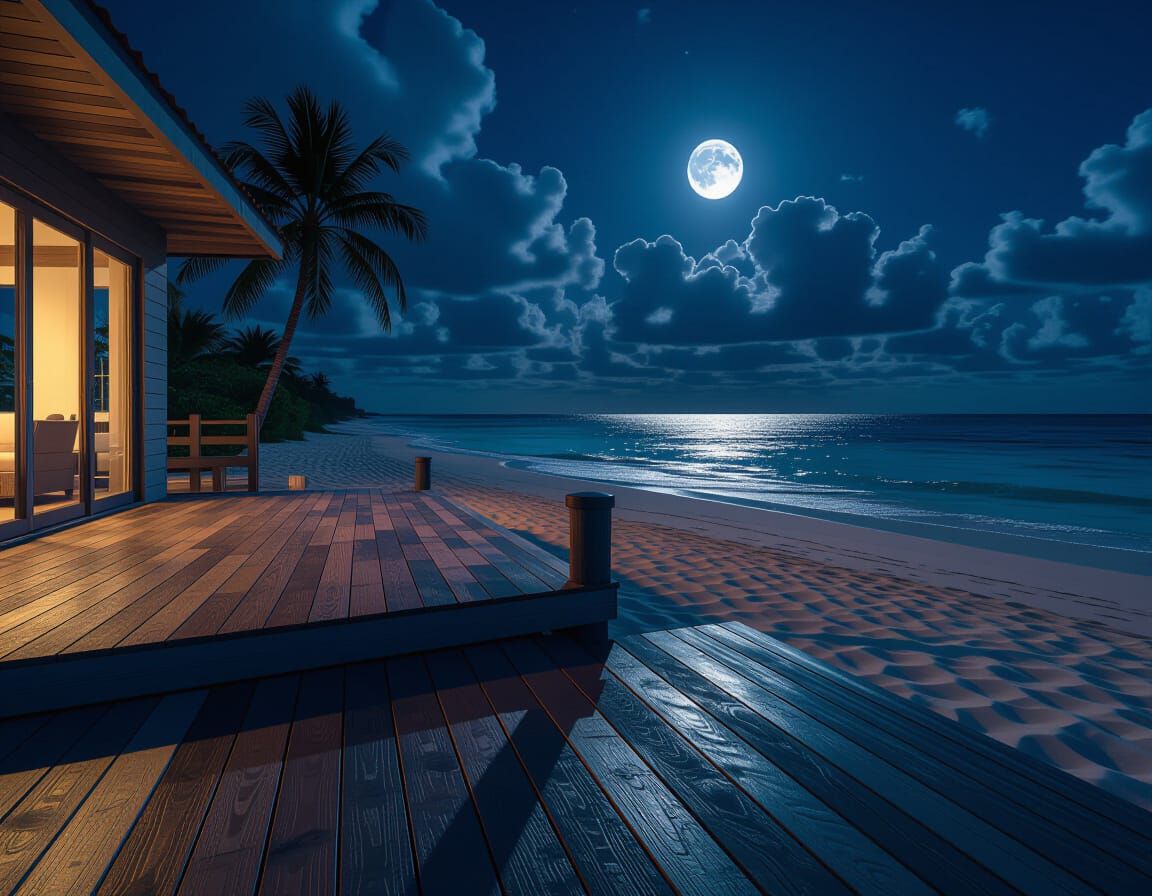 Deck on beach house in tropics with the moon