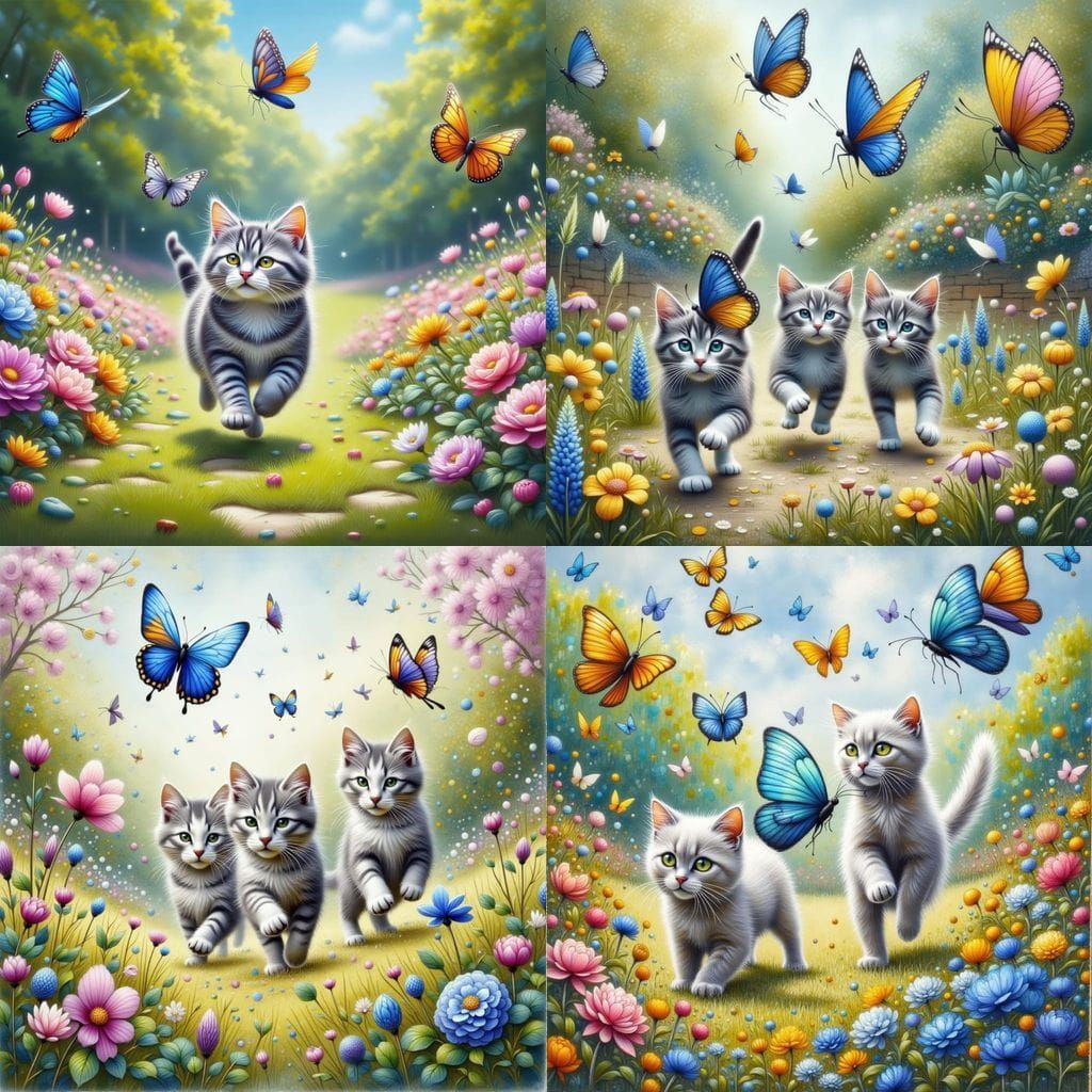 Butterflies Dance Over Vibrant Park with Playful Kittens
