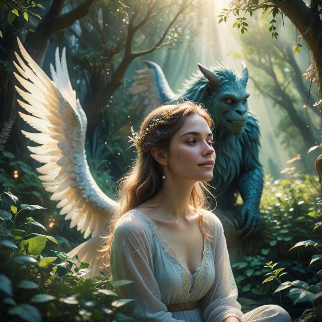 Serene Lady in Whimsical Fantasy Garden Scene