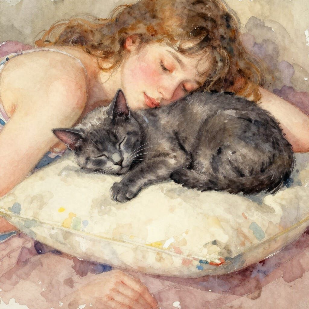Cozy Cat Napping on Pillow in Watercolor Style