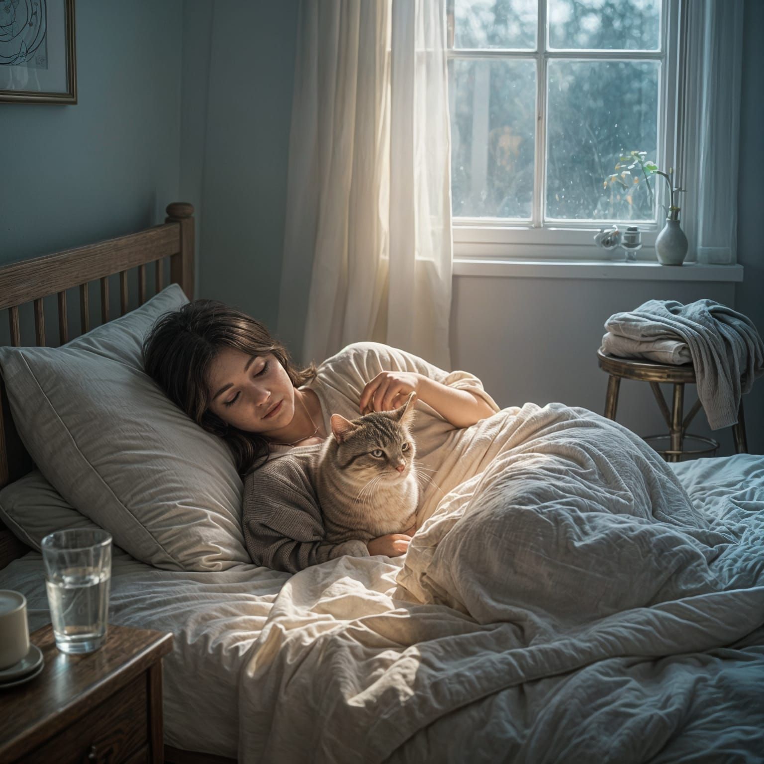 Cozy Bedroom at Dawn with Cat