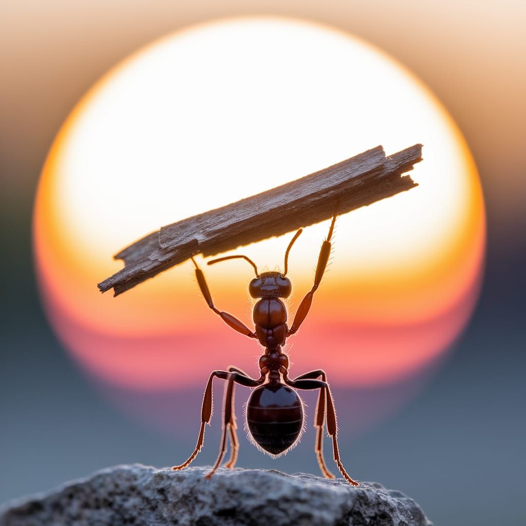 Ant Lifting Tree Bark in Golden Sunrise Light