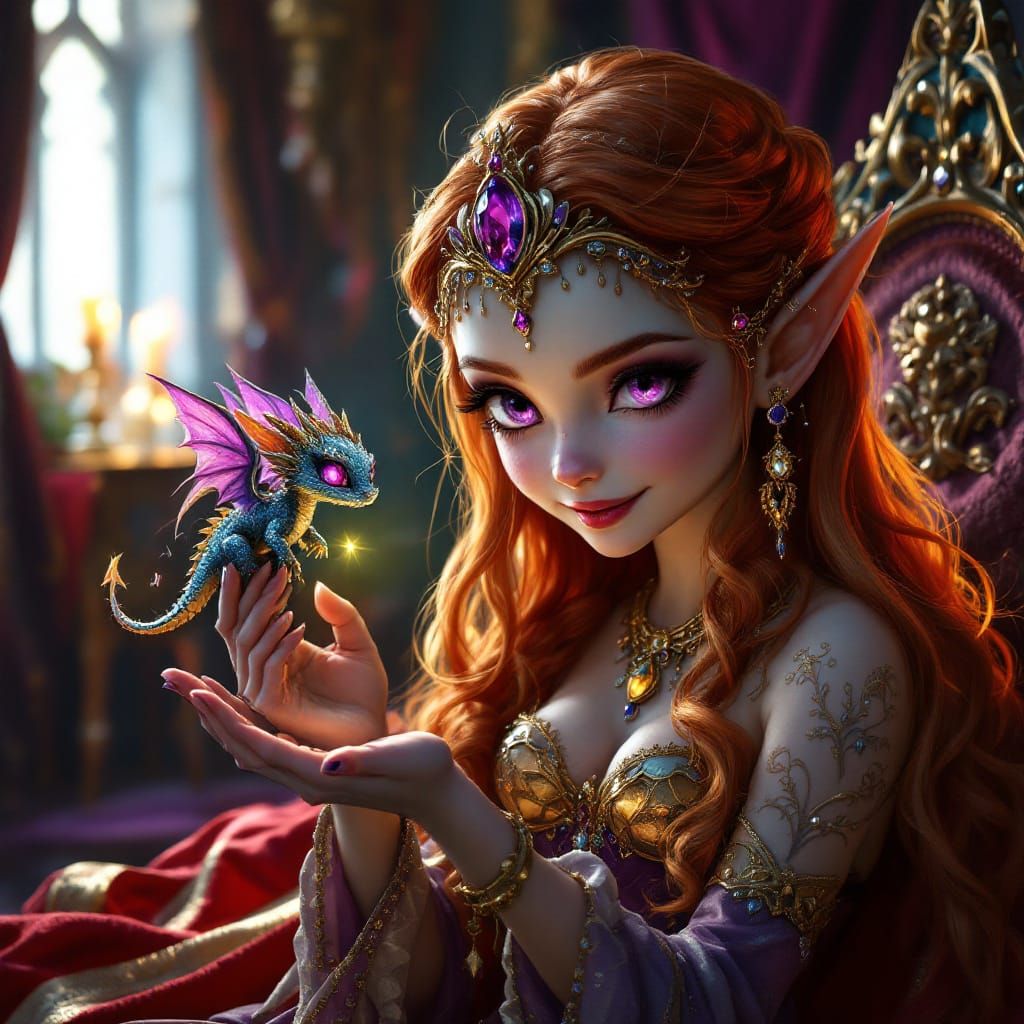 Chibi Elf Queen Inspects Jewel Dragon in Opulent Throne Room